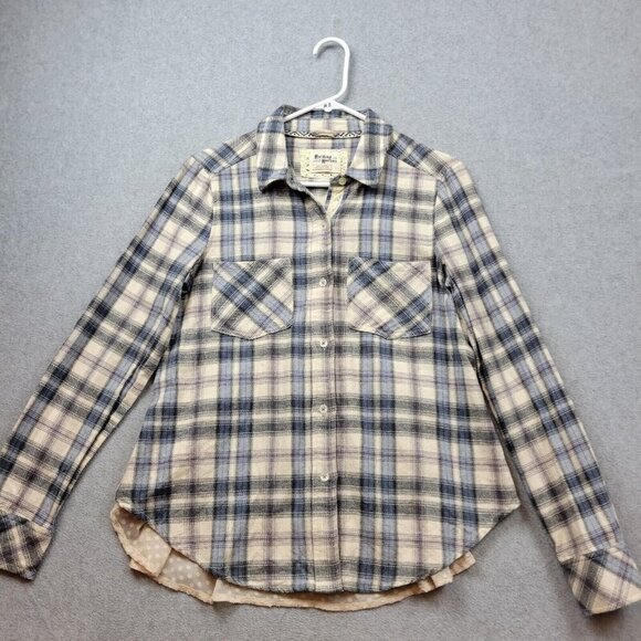 Anthropologie Holding Horses Womens Small Blue Beige Flannel Plaid Sheer Back - Picture 4 of 13